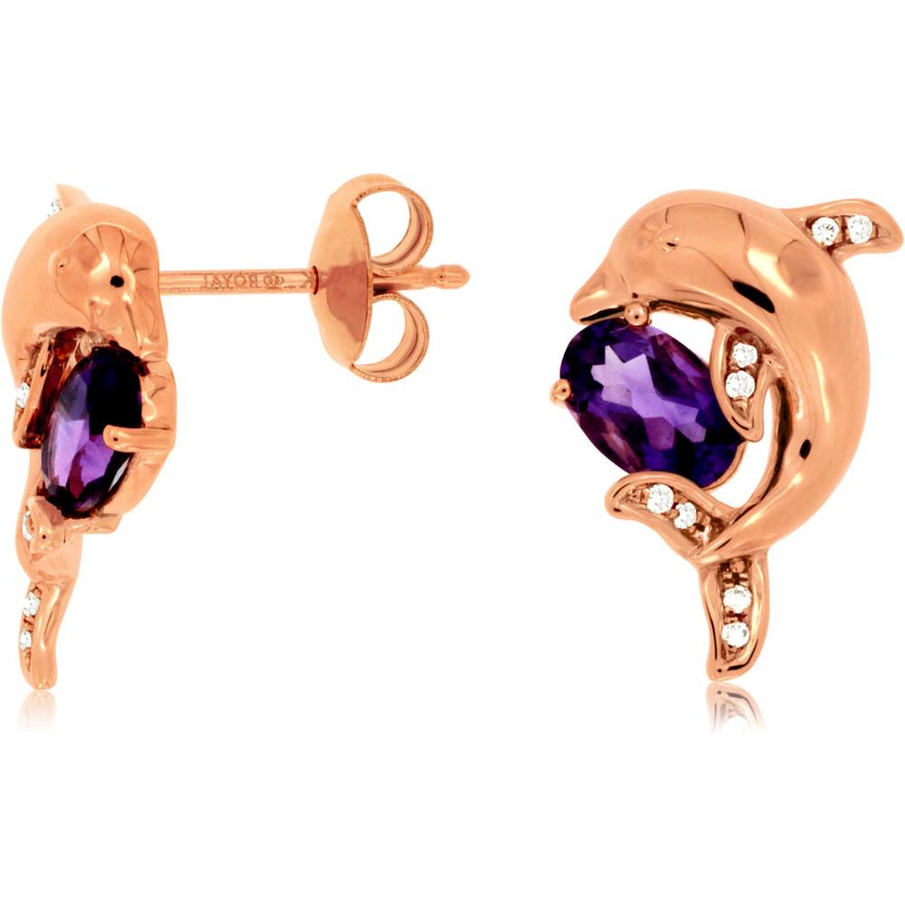 Royal 14K Rose Gold Dolphin Earrings with Amethyst & Diamond - 1.0 Carats Total Gem Weight