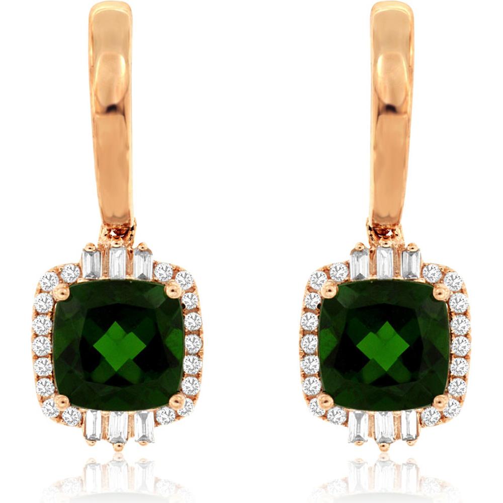 Royal 14K Rose Gold Drop Earrings with Cushion-Cut Russalite and Diamond Halo - 2.80 Carats Russalite, 0.29 Carats Diamond Total Weight