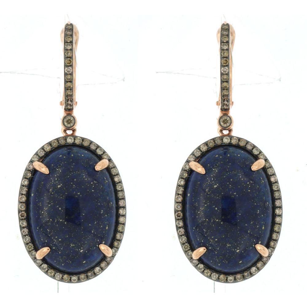 Royal 14K Rose Gold Drop Earrings with Oval Lapis (33.00 Carats) and Mocha Diamonds (0.73 Carats Total Weight)