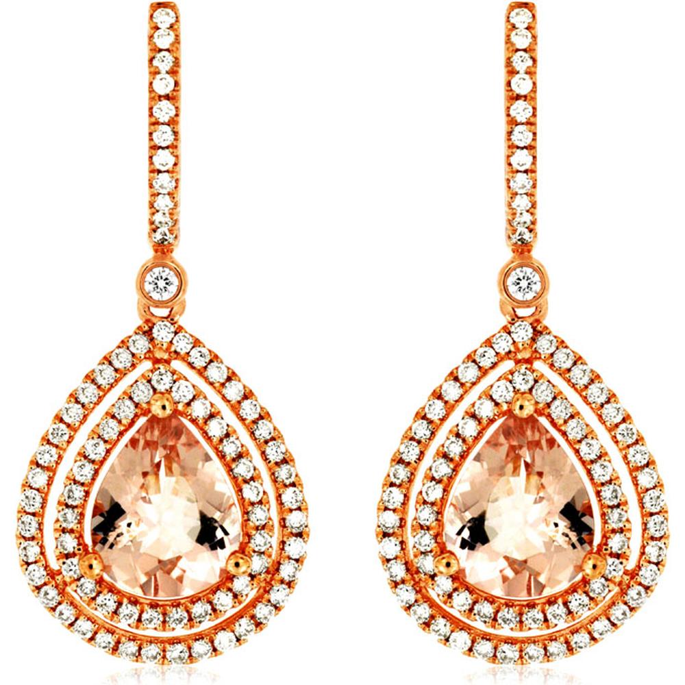 Royal 14K Rose Gold Drop Earrings with Pear-Shaped Morganite & Double Halo Diamonds - 2.40 Carats Morganite & 0.85 Carats Total Diamond Weight