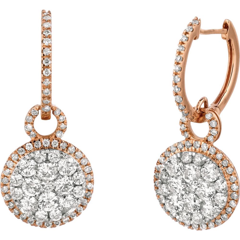 Royal 14K Rose Gold Drop Earrings with Round Cut Halo Set Diamonds - 1.90 Carats Total Diamond Weight