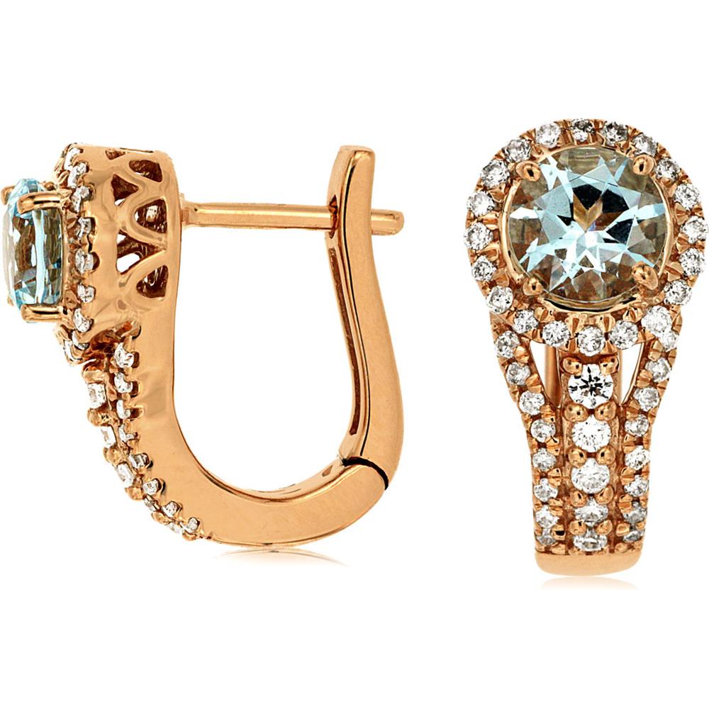Royal 14K Rose Gold Earrings with Round Aquamarines - 0.90 Carat Total Aquamarine Weight and Round Diamonds - 0.35 Carat Total Diamond Weight