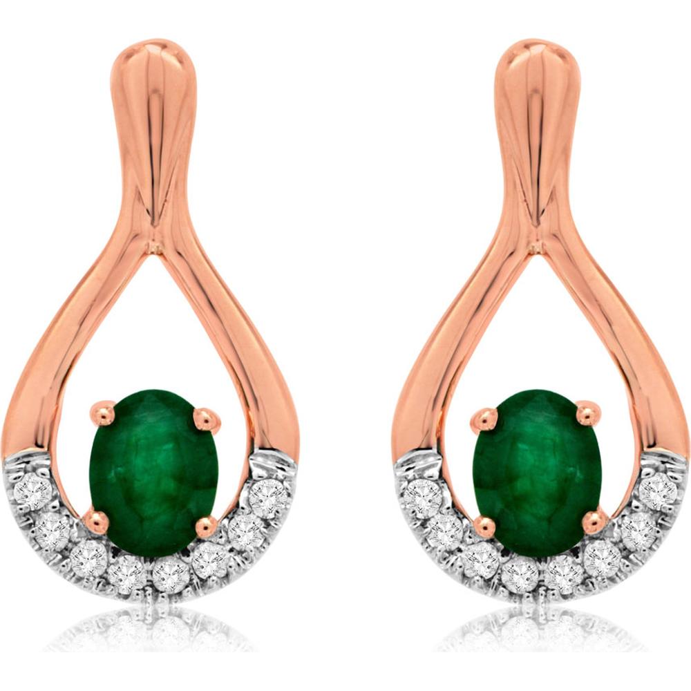 Royal 14K Rose Gold Emerald & Diamond Earrings - 0.70 Carat Emerald, 0.12 Carat Diamonds