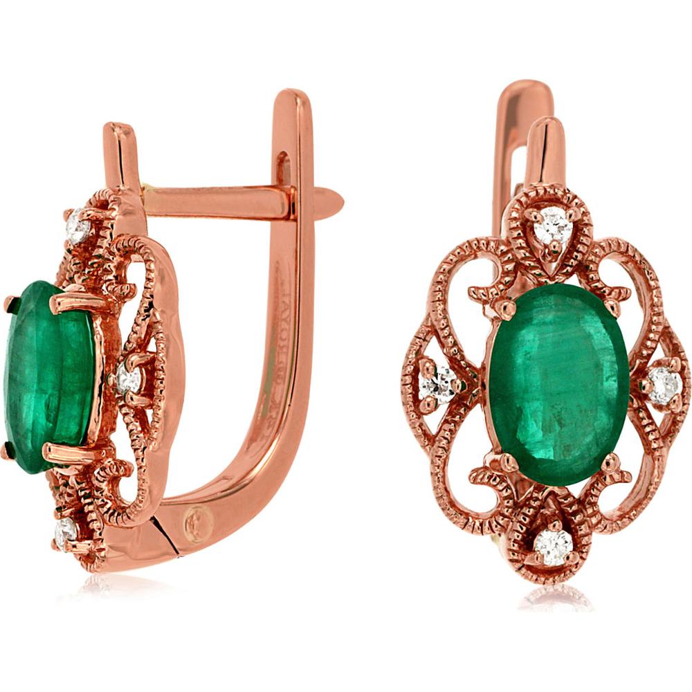 Royal 14K Rose Gold Emerald & Diamond Earrings - 1.60 Carat Emerald, 0.08 Carat Diamond Total Weight