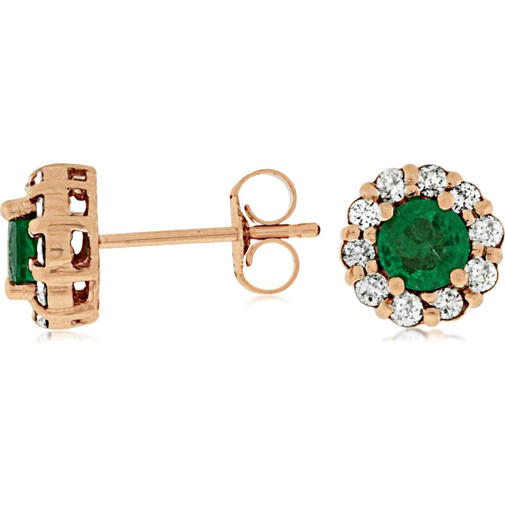 Royal 14K Rose Gold Emerald and Diamond Halo Stud Earrings - Timeless Elegance