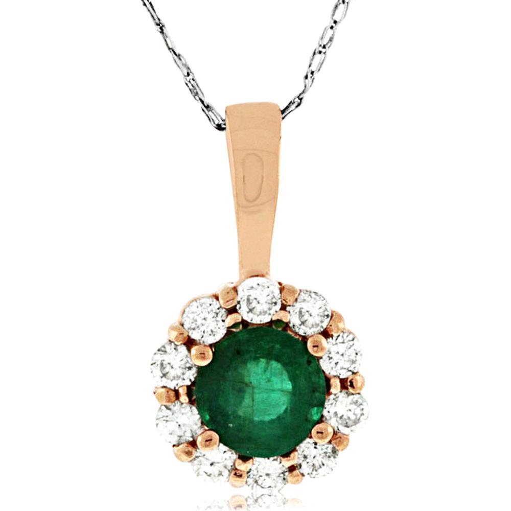 Royal 14K Rose Gold Emerald & Diamond Pendant - 0.60 Carat Emerald, 0.30 Carat Total Diamond Weight
