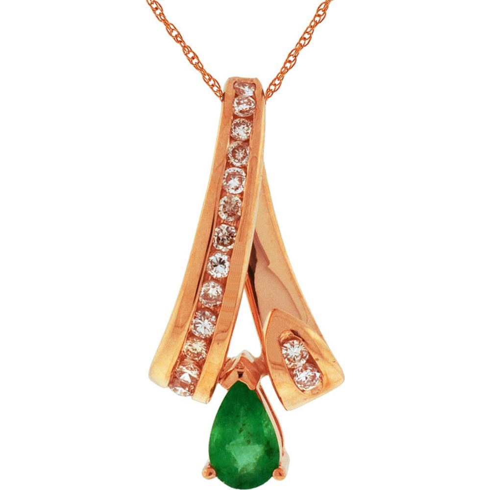 Royal 14K Rose Gold Emerald & Diamond Pendant with Pear-Shaped Emerald and Round Diamonds - 0.63 Carats Total Gemstone Weight