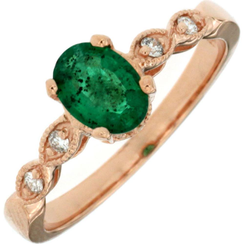 Royal 14K Rose Gold Emerald & Diamond Ring - 0.80 Carat Emerald - 0.08 Carat Diamond Total