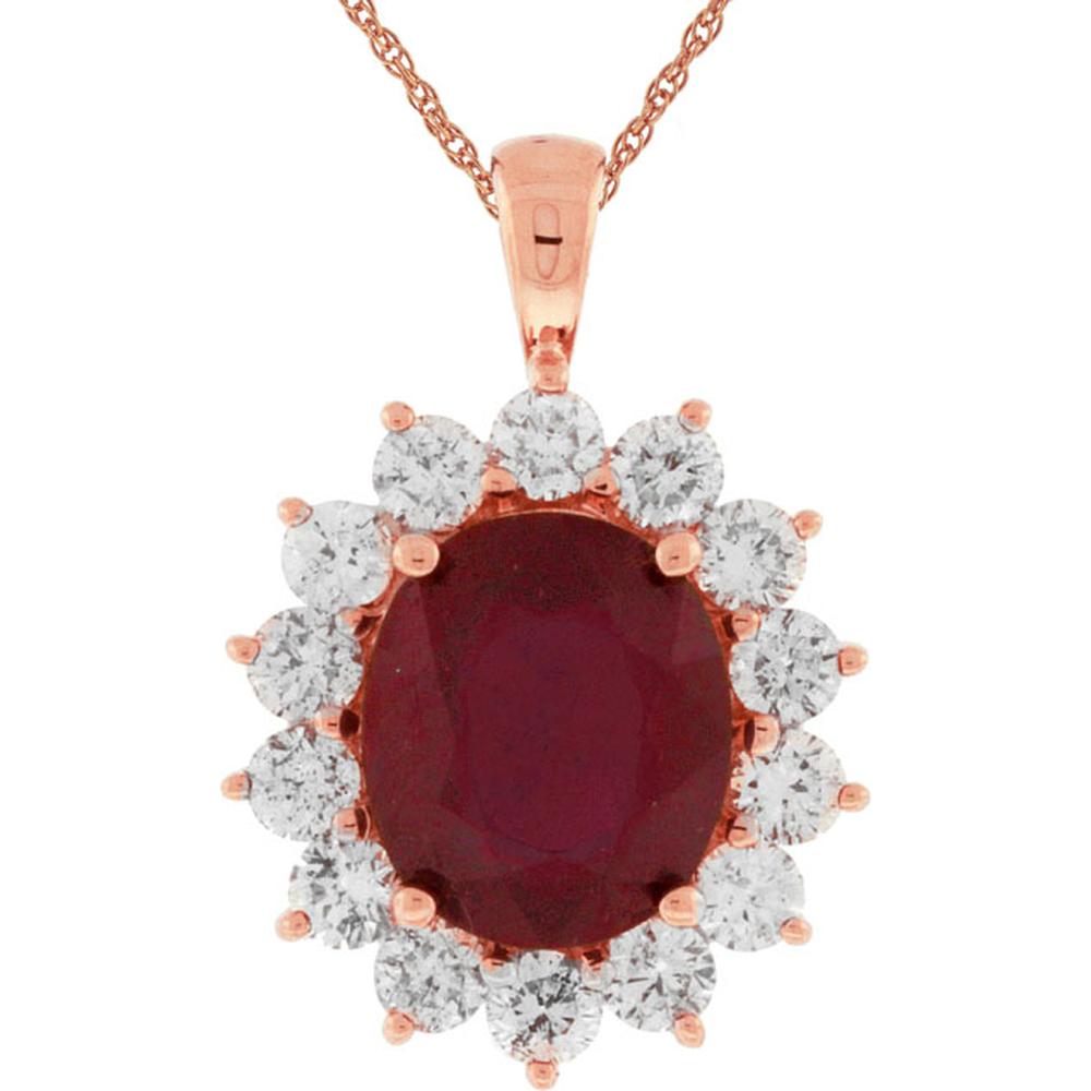 Royal 14K Rose Gold Glass Filled Ruby & Diamond Pendant - 6.75 Carat Ruby, 1.90 Carat Total Diamond Weight