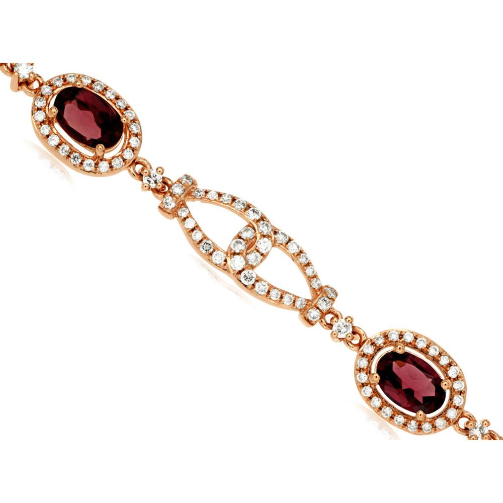 Royal 14K Rose Gold Halo Bracelet with Oval Rhodolites - 3.60 Carat and Diamonds - 1.44 Carat Total Carat Weight