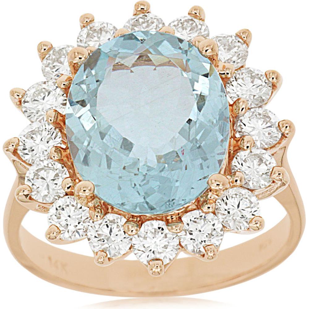 Royal 14K Rose Gold Halo Ring with Oval Aquamarine - 4.10 Carats and Round Diamonds - 1.55 Carats Total Diamond Weight