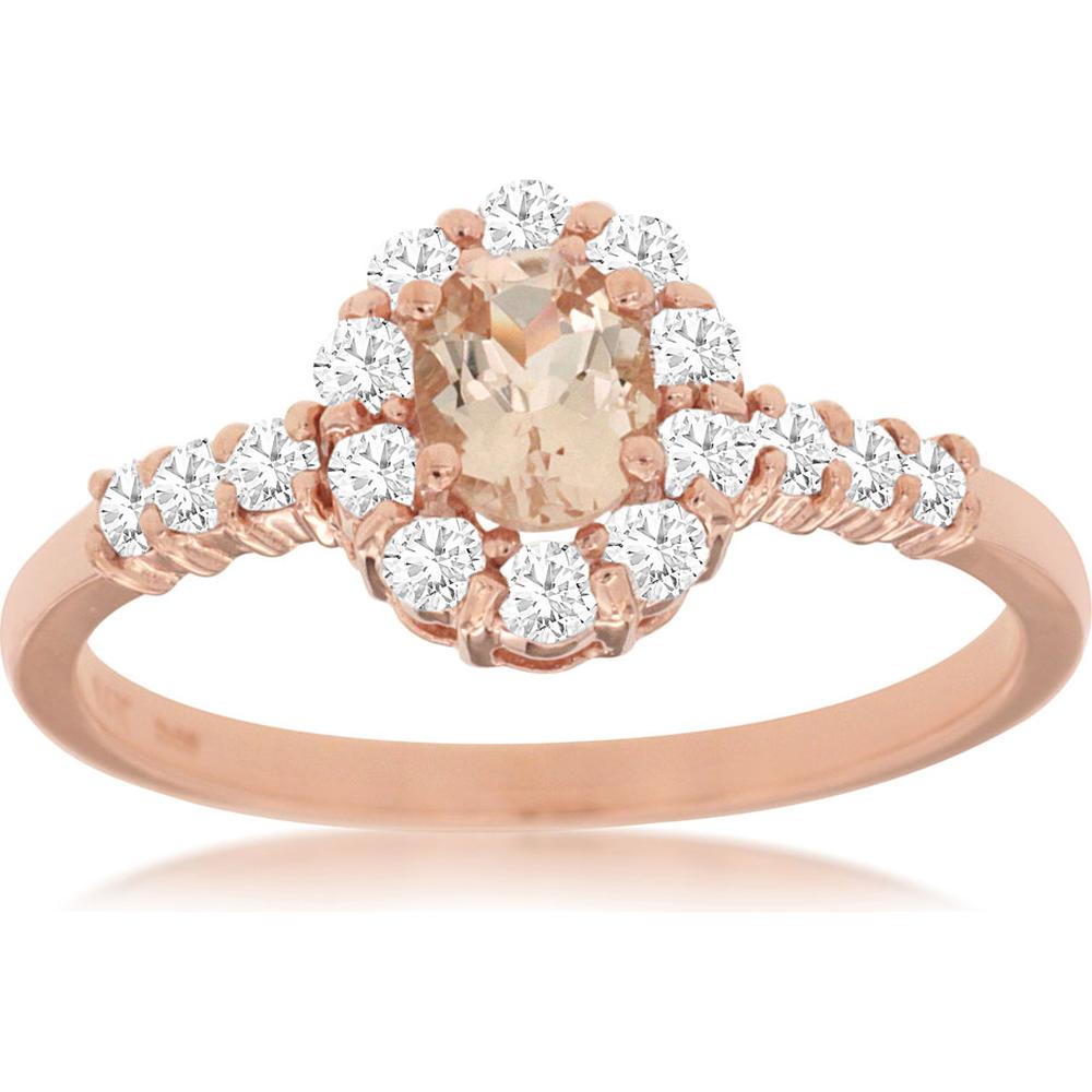 Royal 14K Rose Gold Halo Ring with Oval Morganite and Round Diamonds - 0.66 Carats Total Gem Weight