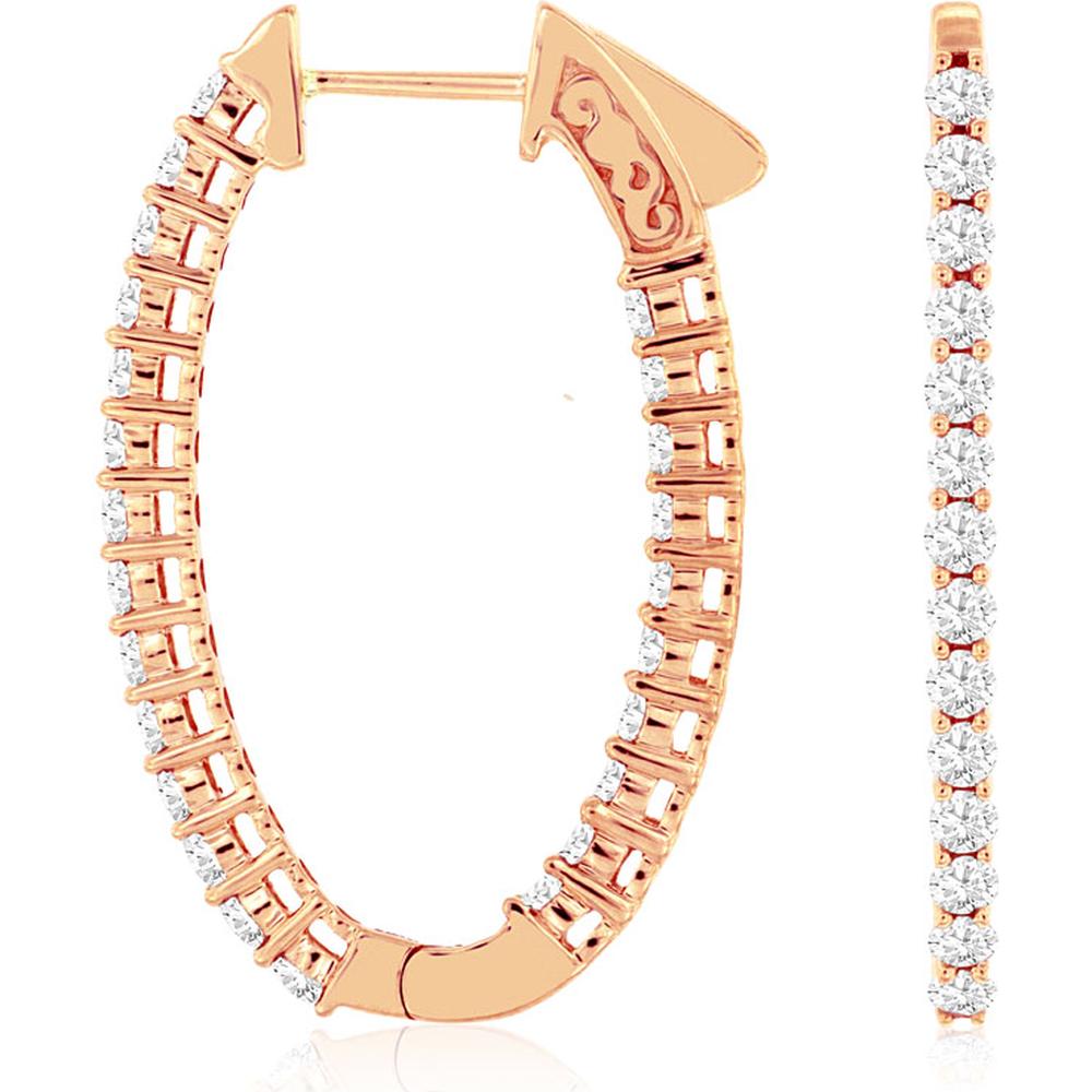Royal 14K Rose Gold Hoop Earrings with Prong Set Round Diamonds - 1.50 Carats Total Diamond Weight