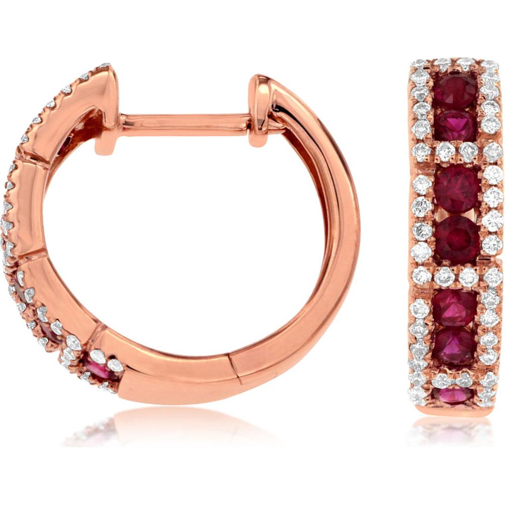 Royal 14K Rose Gold Medium Hoop Earrings with Round Rubies and Diamonds - 0.55 Carat Ruby & 0.22 Carat Diamond Total Weight