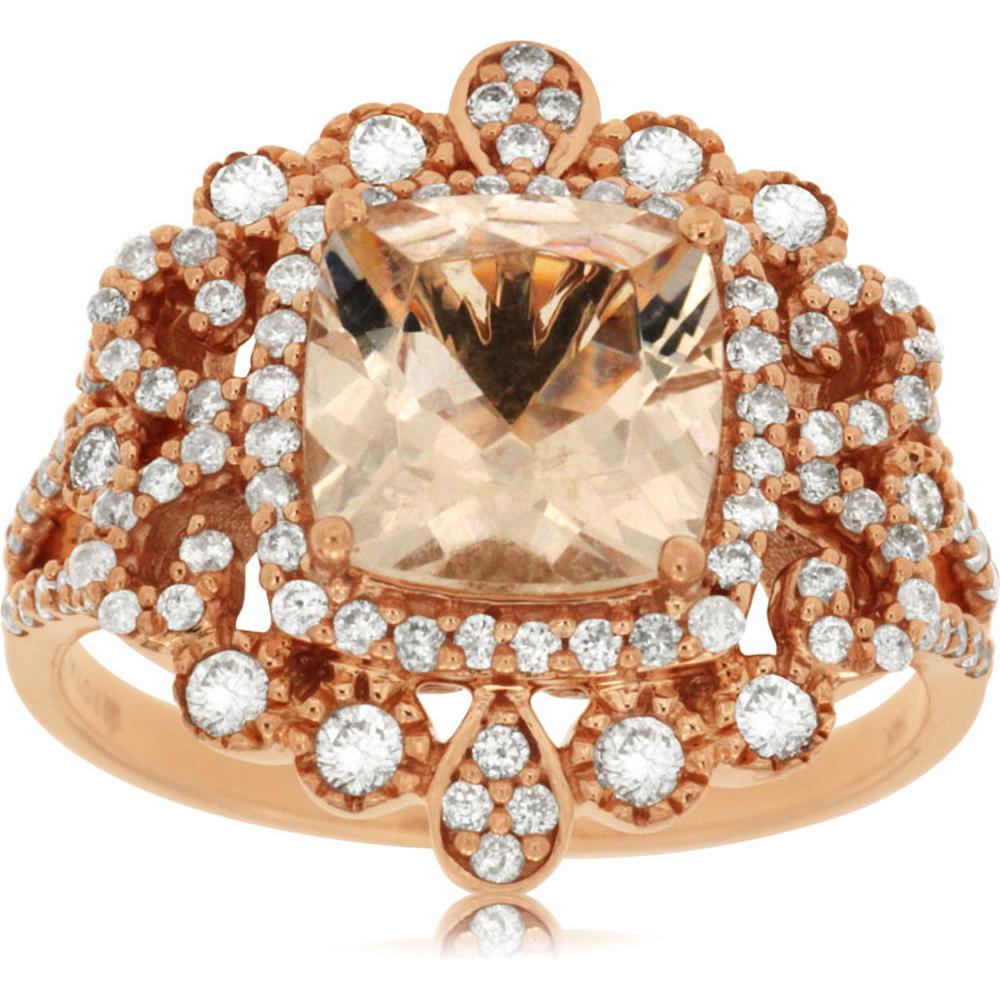 Royal 14K Rose Gold Morganite & Diamond Cushion Cut Halo Ring - 2.00 Carats Morganite, 0.60 Carats Diamond Total Weight