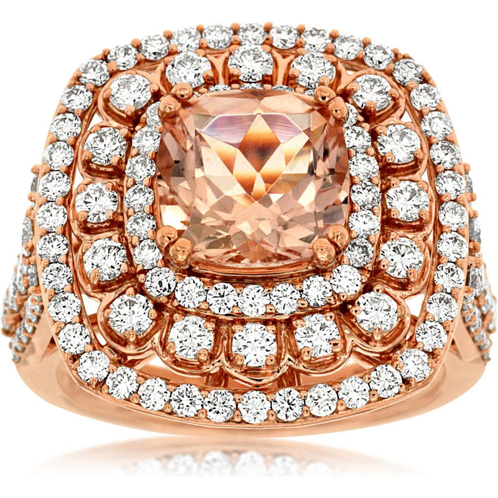 Royal 14K Rose Gold Morganite & Diamond Cushion Cut Halo Ring - 3.65 Carats Total Weight