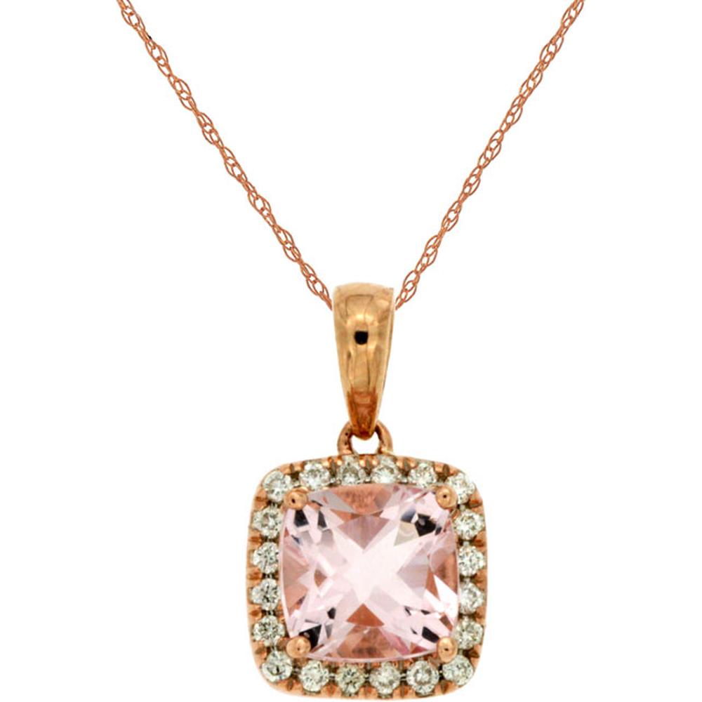 Royal 14K Rose Gold Morganite & Diamond Cushion Cut Pendant - 0.85 Carats Morganite, 0.11 Carats Total Diamond Weight