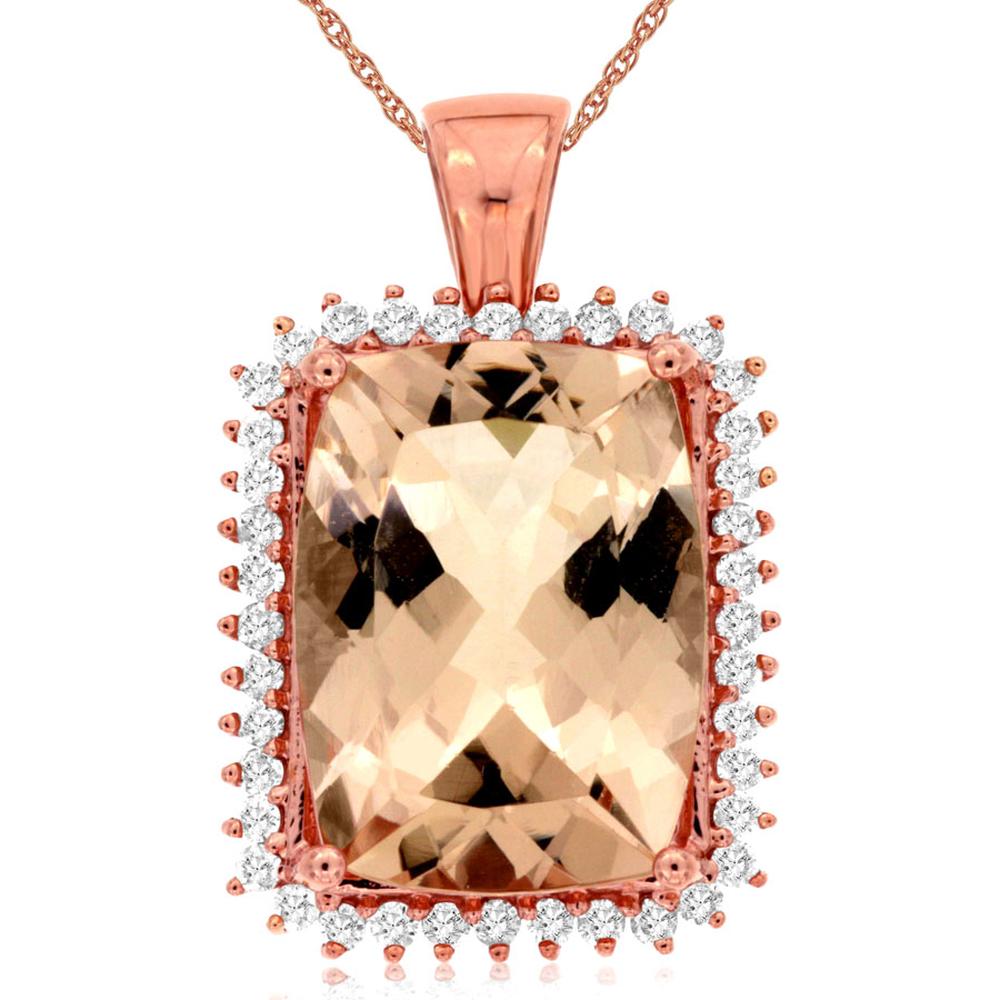 Royal 14K Rose Gold Morganite & Diamond Cushion Cut Pendant - 9.50 Carats Morganite, 0.50 Carats Total Diamond Weight