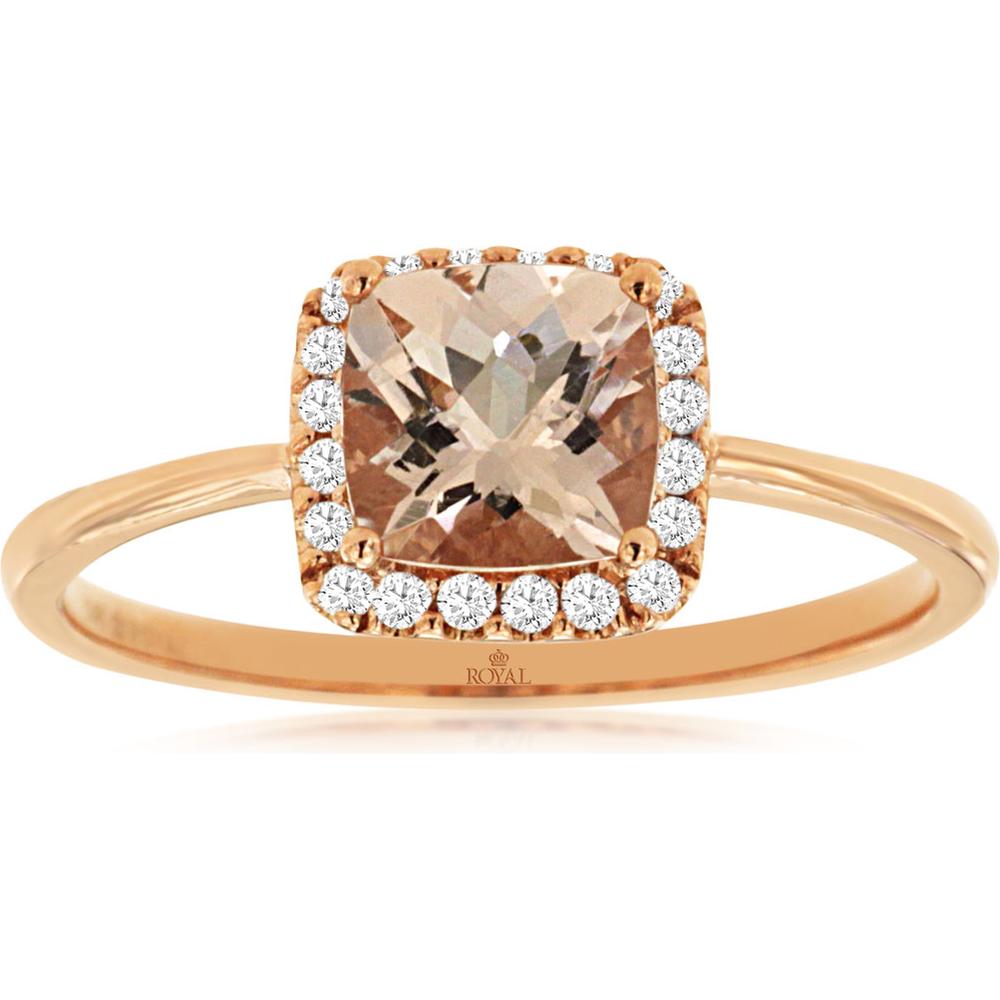 Royal 14K Rose Gold Morganite and Diamond Cushion Cut Ring - 0.85 Carat Morganite, 0.11 Carat Diamonds