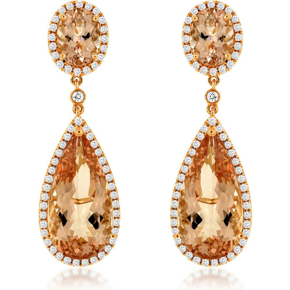 Royal 14K Rose Gold Morganite & Diamond Drop Earrings - 12.60 Carats Total Morganite Weight, 0.75 Carats Total Diamond Weight
