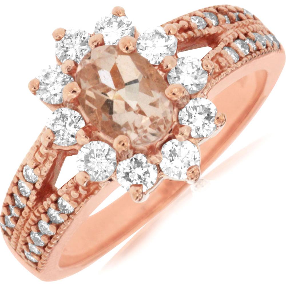Royal 14K Rose Gold Morganite and Diamond Halo Ring - 0.65 Carat Morganite, 0.84 Carat Total Diamond Weight