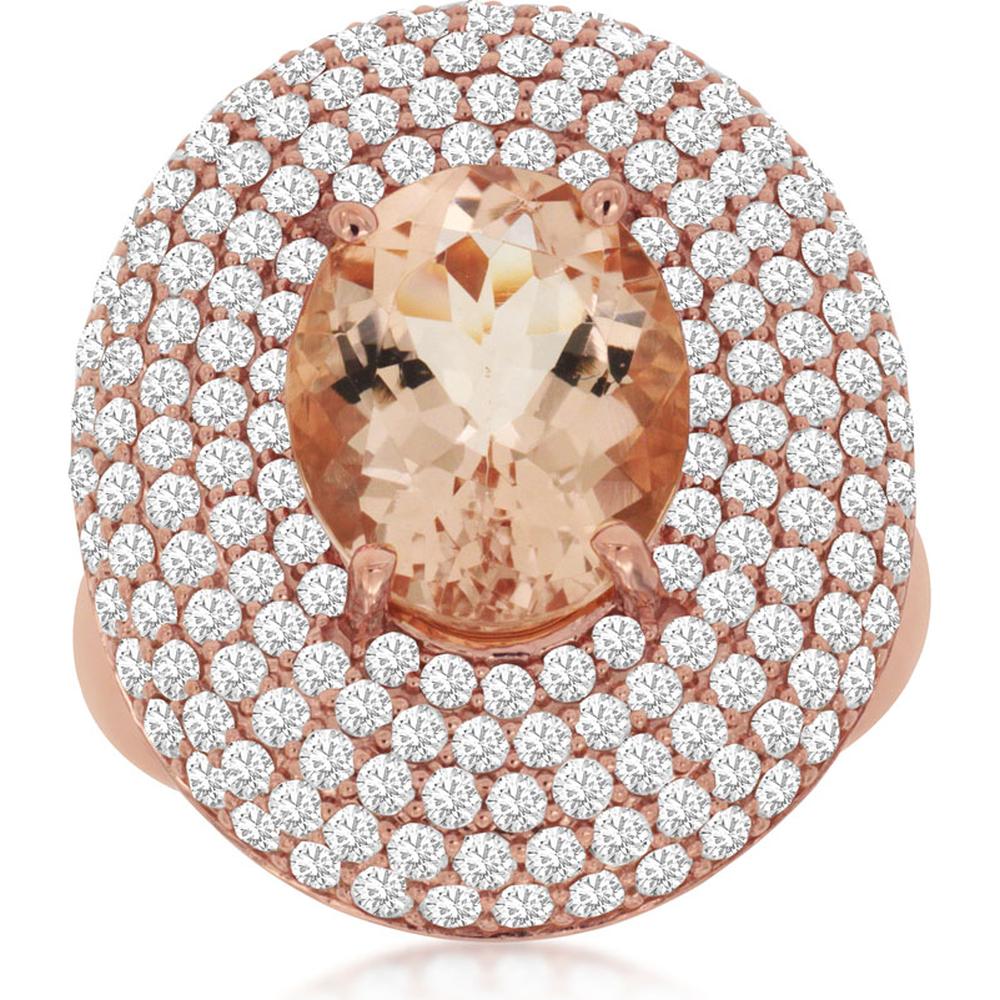 Royal 14K Rose Gold Morganite & Diamond Halo Ring - 3.20 Carats Morganite, 1.80 Carats Total Diamond Weight