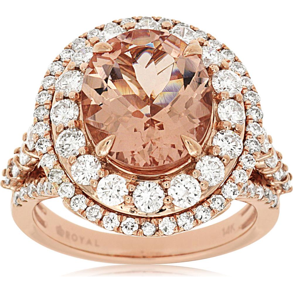 Royal 14K Rose Gold Morganite & Diamond Halo Ring - 4.00 Carats Morganite, 2.00 Carats Total Diamond Weight