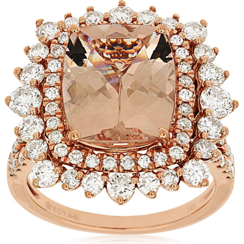 Royal 14K Rose Gold Morganite and Diamond Halo Ring - 4.70 Carats Morganite, 1.60 Carats Total Diamond Weight