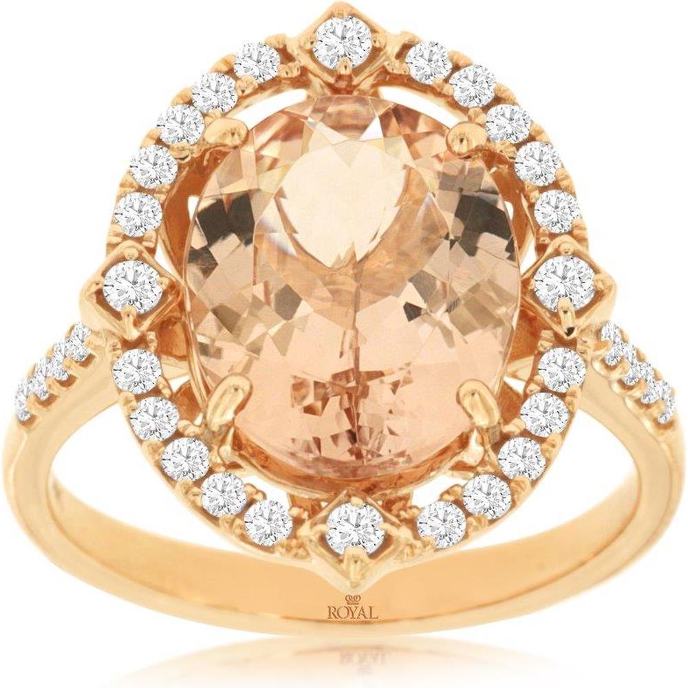 Royal 14K Rose Gold Morganite & Diamond Halo Ring - 4 Carats Morganite, 0.33 Carats Total Diamond Weight