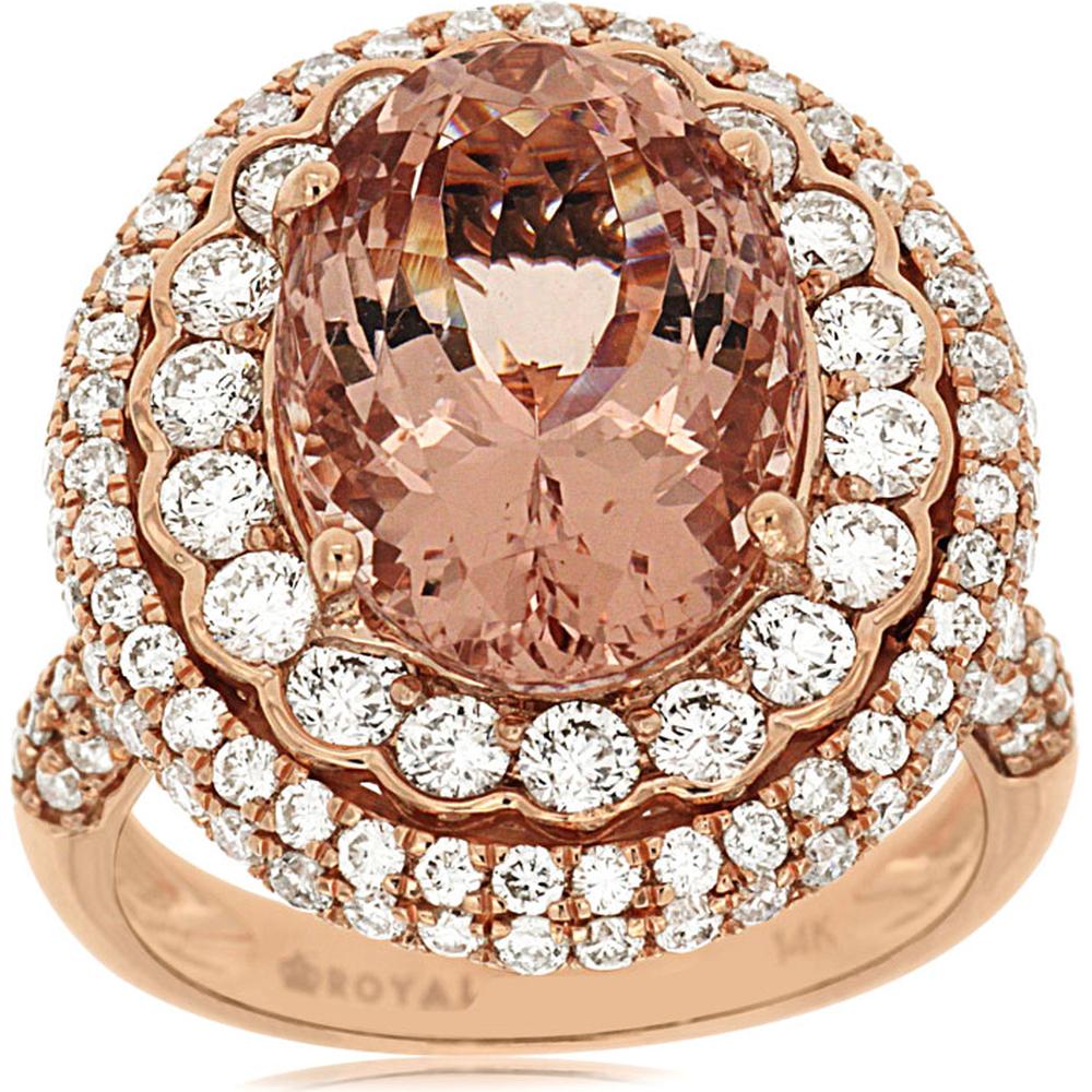 Royal 14K Rose Gold Morganite & Diamond Halo Ring - 5.50 Carats Morganite, 2.00 Carats Total Diamond Weight