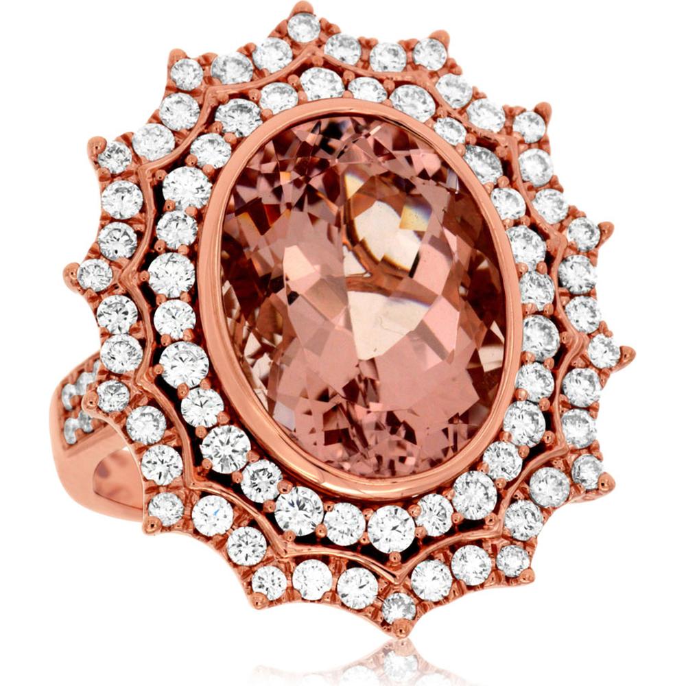 Royal 14K Rose Gold Morganite and Diamond Halo Ring - 8.25 Carats Morganite, 1.70 Carats Total Diamond Weight