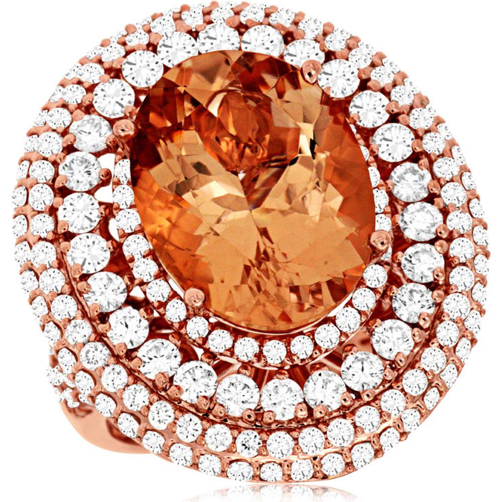 Royal 14K Rose Gold Morganite & Diamond Halo Ring - 8.75 Carats Morganite, 3.10 Carats Total Diamond Weight