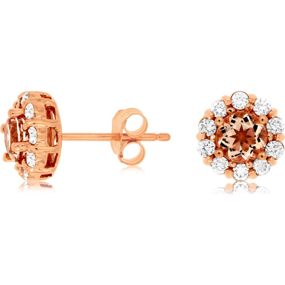 Royal 14K Rose Gold Morganite and Diamond Halo Stud Earrings - 0.70 Carat Total Morganite Weight