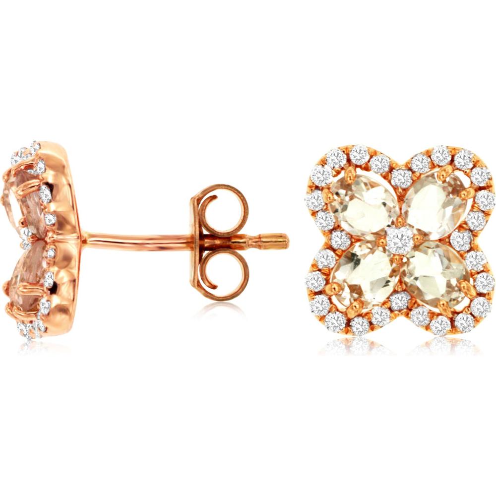 Royal 14K Rose Gold Morganite & Diamond Halo Stud Earrings - 1.20 Carats Total Morganite Weight, 0.35 Carats Total Diamond Weight