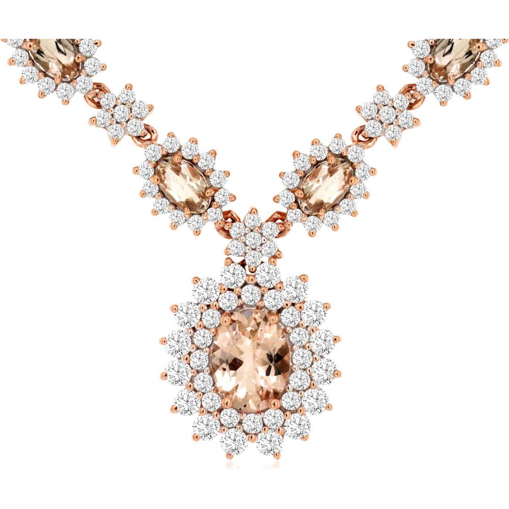 Royal 14K Rose Gold Morganite & Diamond Necklace with Oval Morganite Stones - 4.75 Carats Total Gem Weight