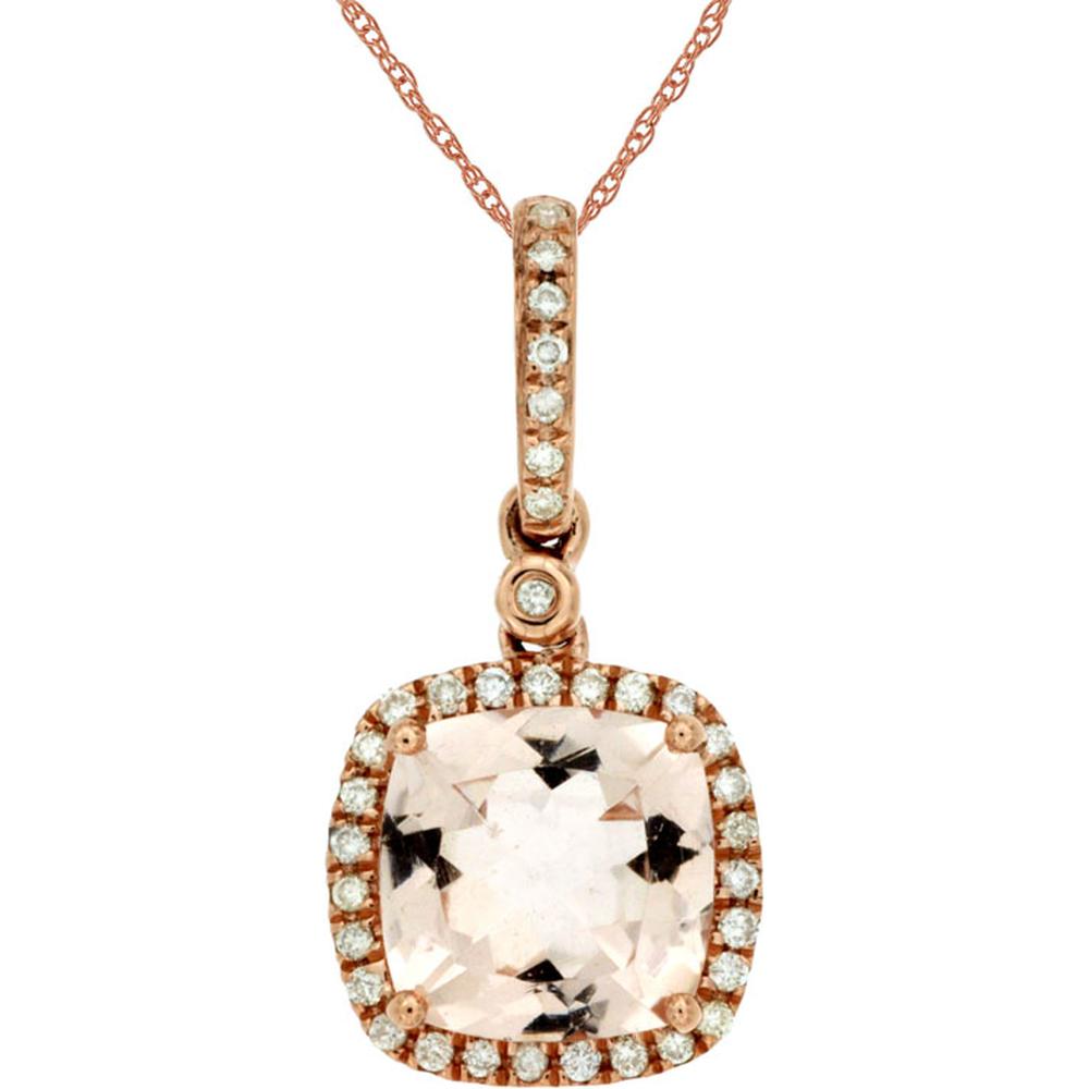 Royal 14K Rose Gold Morganite and Diamond Pendant with Cushion Cut Morganite - 2.00 Carats Morganite, 0.14 Carats Diamond Total Weight