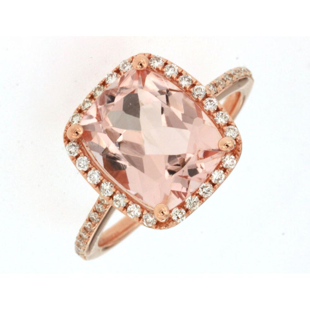 Royal 14K Rose Gold Morganite Cushion Cut Ring with Diamond Halo - 4.40 Carats Total Gemstone Weight