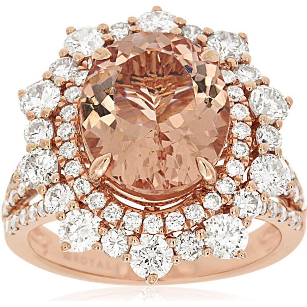 Royal 14K Rose Gold Morganite Ring with Diamond Halo - 4.00 Carats Morganite & 2.00 Carats Total Diamond Weight
