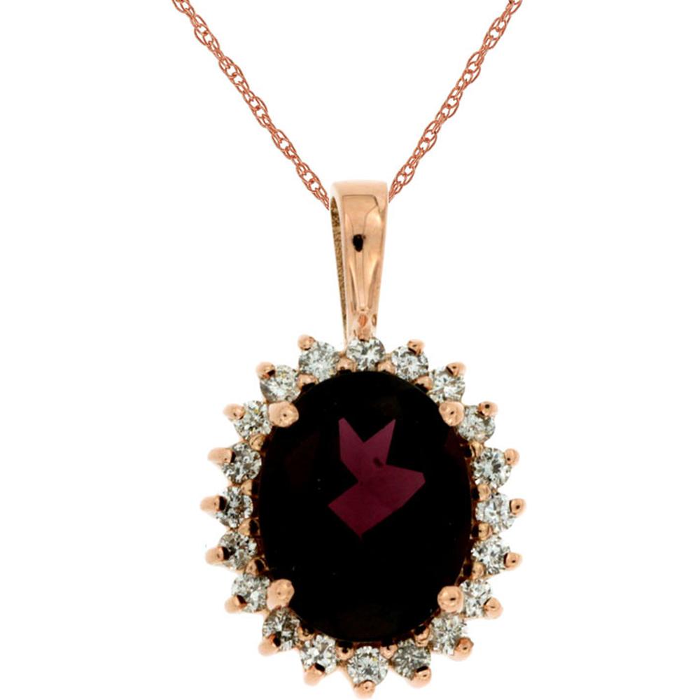 Royal 14K Rose Gold Necklace with 3.00 Carats Oval Rhodolite and 0.36 Carats Total Diamond Halo Pendant