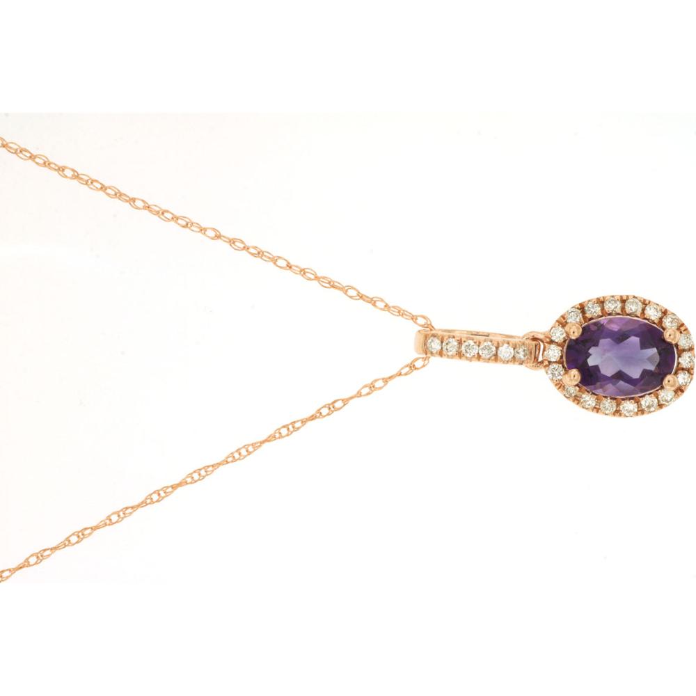 Royal 14K Rose Gold Necklace with Oval Amethyst and Halo of Diamonds - 0.70 Carat Amethyst and 0.12 Carat Total Diamond Weight