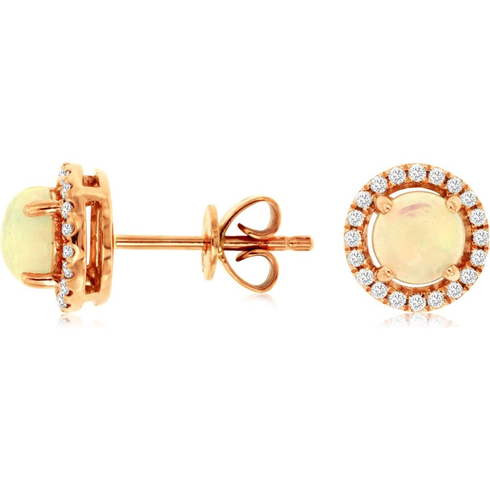 Royal 14K Rose Gold Opal & Diamond Halo Stud Earrings - 0.15 Carat Diamonds, 0.60 Carat Opal
