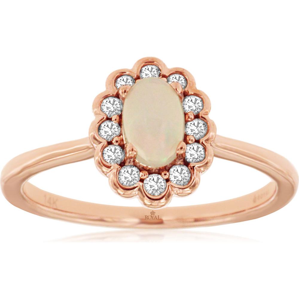 Royal 14K Rose Gold Opal & Diamond Ring - 0.30 Carat Opal, 0.16 Carat Diamond Total Weight