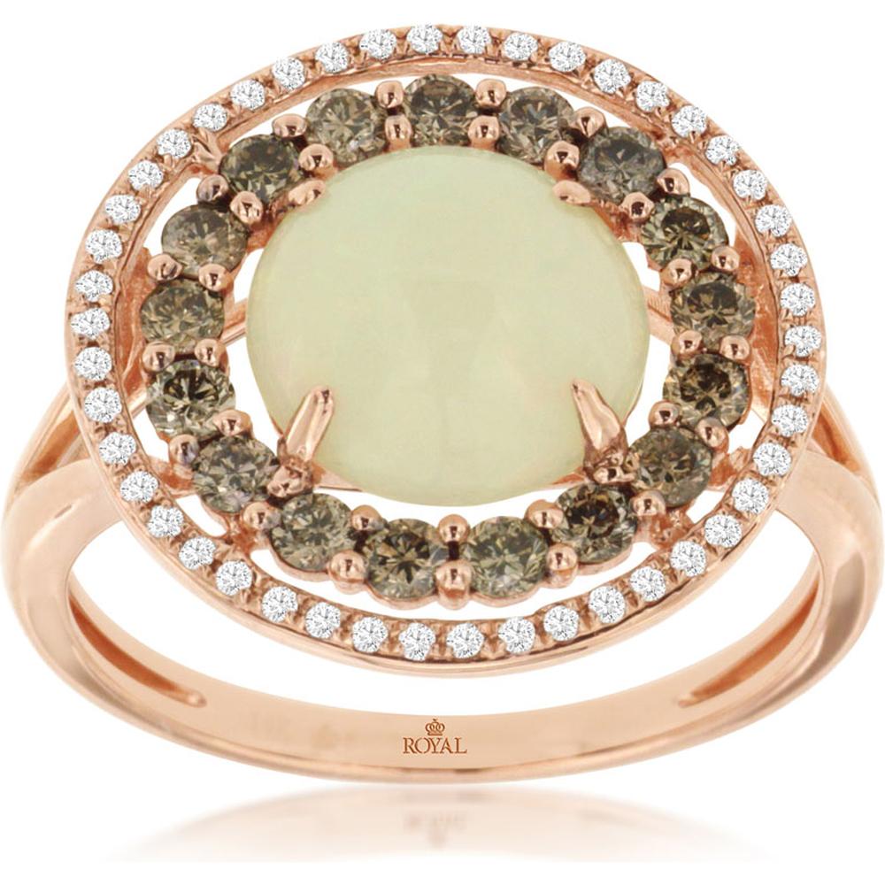 Royal 14K Rose Gold Opal Ring with Double Halo of Round Smoky Brown and White Diamonds - 1.85 Carat Opal, 12PT + 53BR Diamond