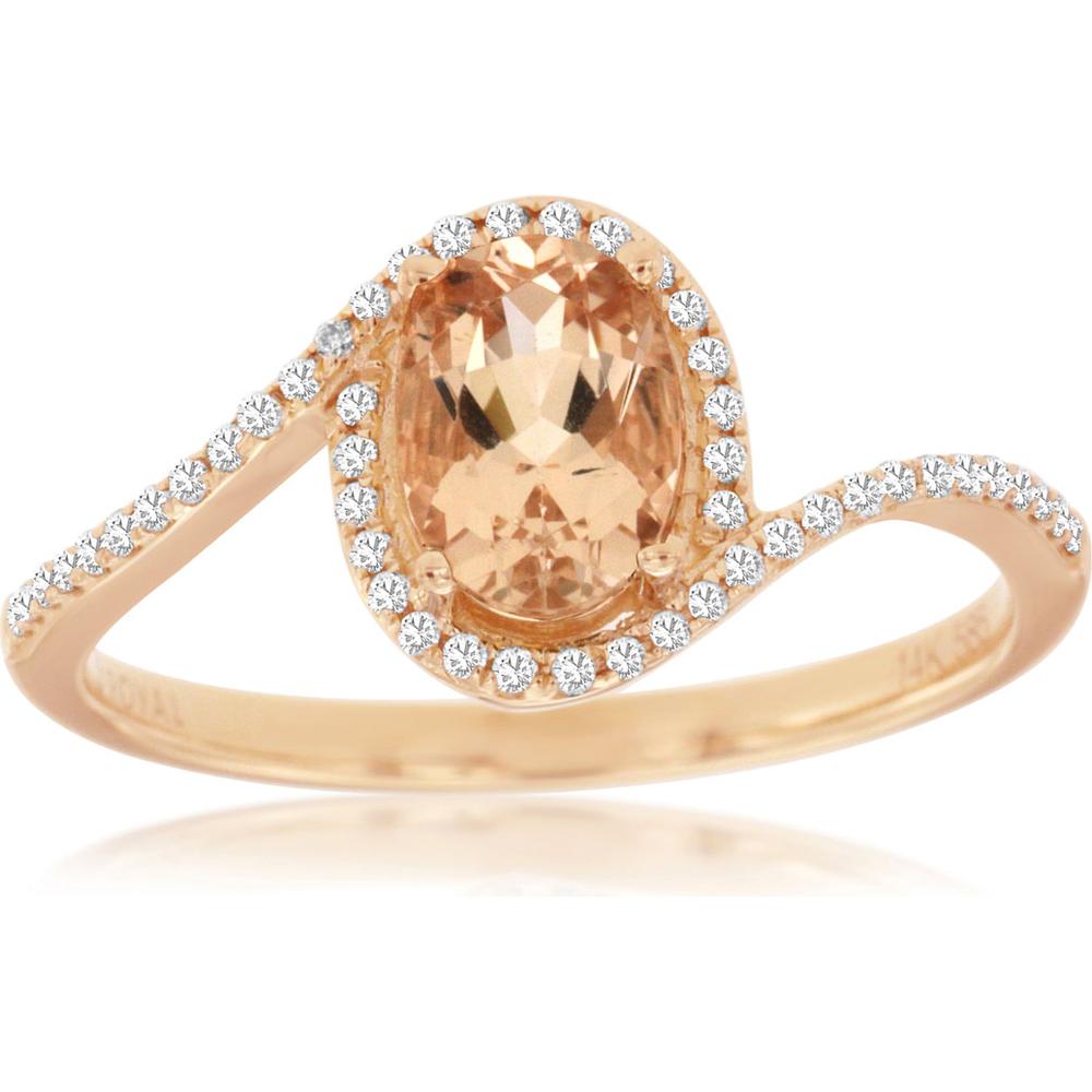 Royal 14K Rose Gold Oval-Cut Morganite and Diamond Wave Ring - 0.68 Carats Morganite and 0.14 Carats Diamond Accents