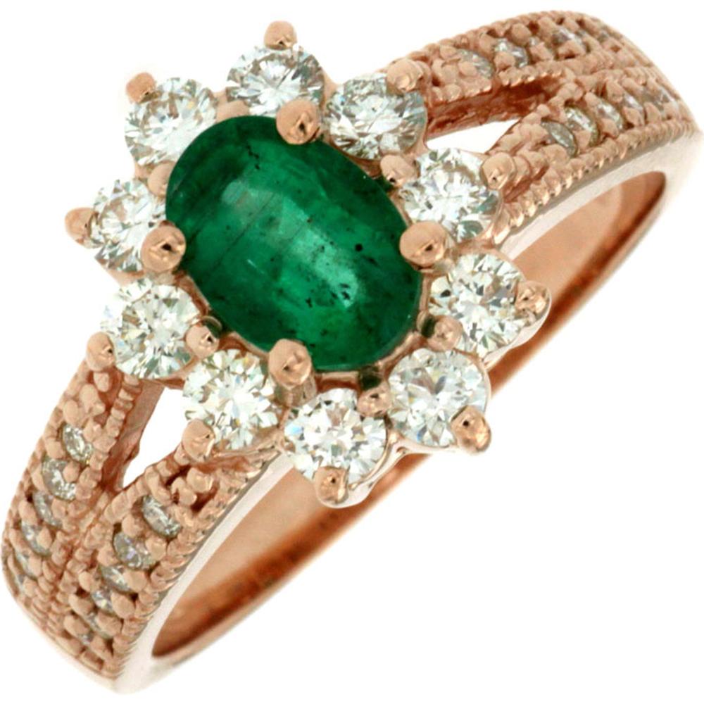 Royal 14K Rose Gold Oval Emerald and Round Diamond Halo Ring with Split Shank Design - 0.80 Carats Emerald and 0.84 Carats Total Diamond Weight