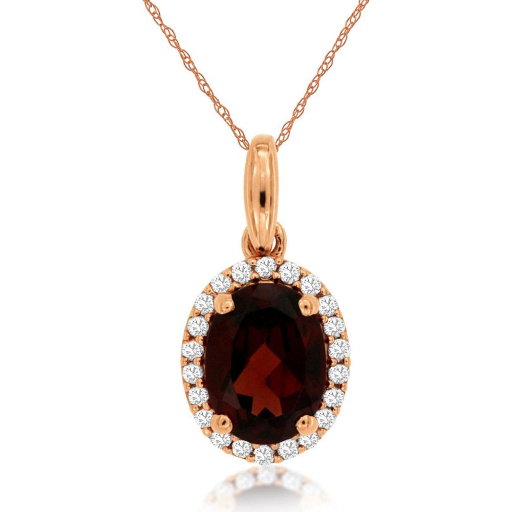 Royal 14K Rose Gold Oval Garnet Pendant with Halo of Diamonds - 1.54 Carat Total Gem Weight