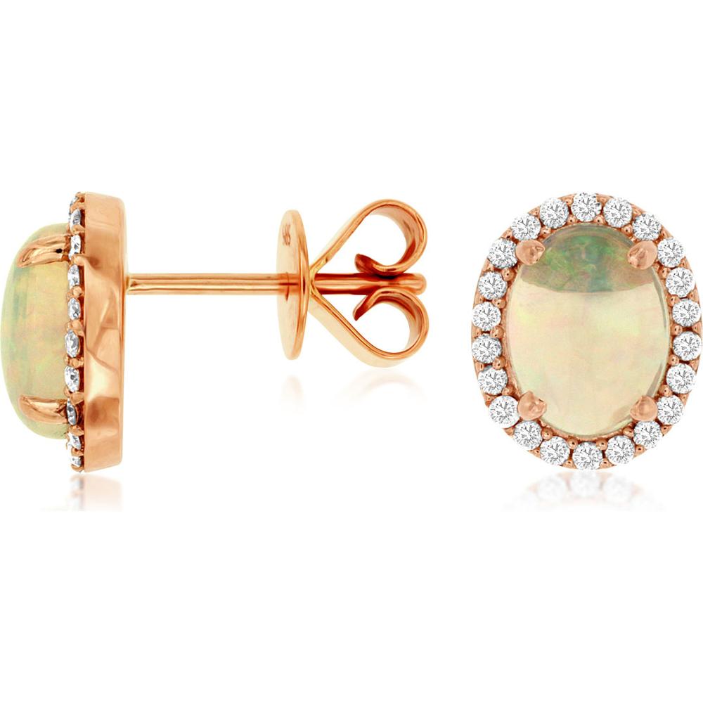Royal 14K Rose Gold Oval Opal and Diamond Halo Stud Earrings - 0.28 Carat Total Diamond Weight and 1.80 Carat Total Opal Weight