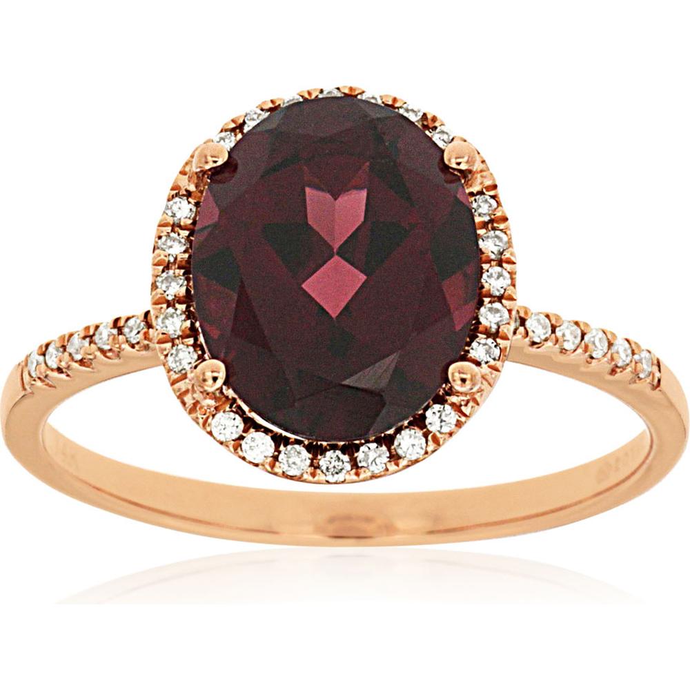 Royal 14K Rose Gold Oval Rhodolite and Diamond Halo Ring - 3.00 Carats Rhodolite and 0.14 Carats Total Diamond Weight