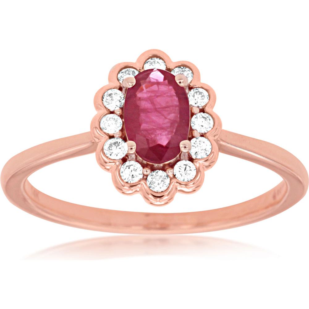 Royal 14K Rose Gold Oval Ruby & Diamond Ring - 0.55 Carat Ruby, 0.16 Carat Diamond