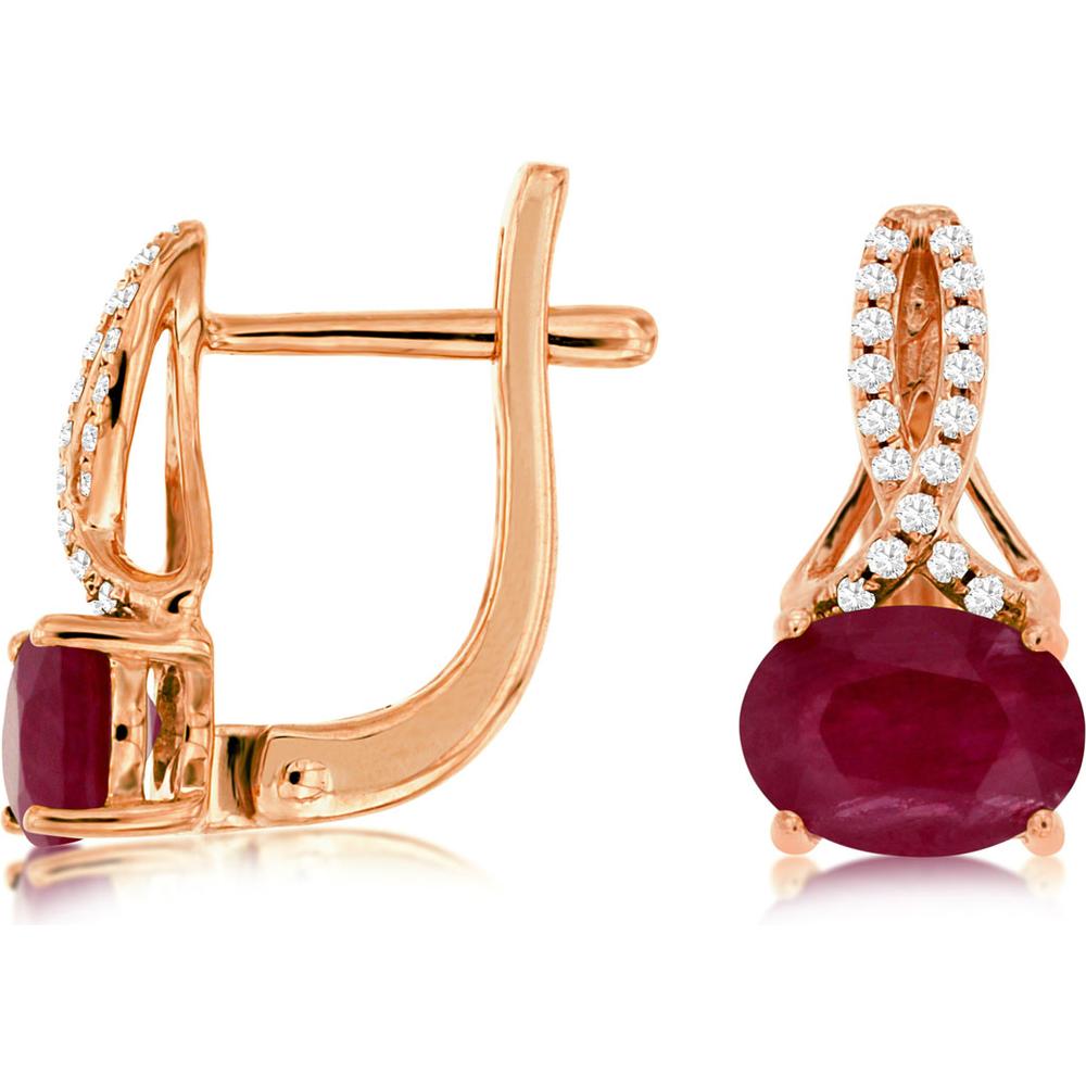 Royal 14K Rose Gold Oval Ruby Earrings with Diamond Accents - 1.80 Carat Total Ruby Weight, 0.10 Carat Total Diamond Weight